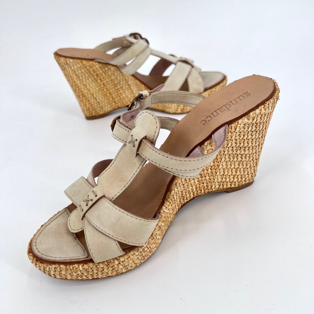 Sundance Cream Straw Wedge Strappy Side Sandals Double Buckle Size 41